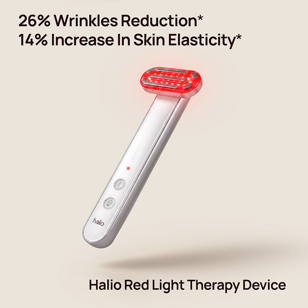 Halio Red Light Therapy Device wand with glowing red treatment head; text reads “26% Wrinkles Reduction” and “14% Increase In Skin Elasticity.”