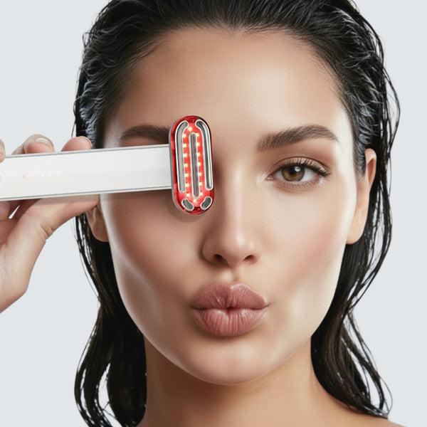 Halio red light therapy wand held against a woman's face, showing its glowing red LED treatment head.