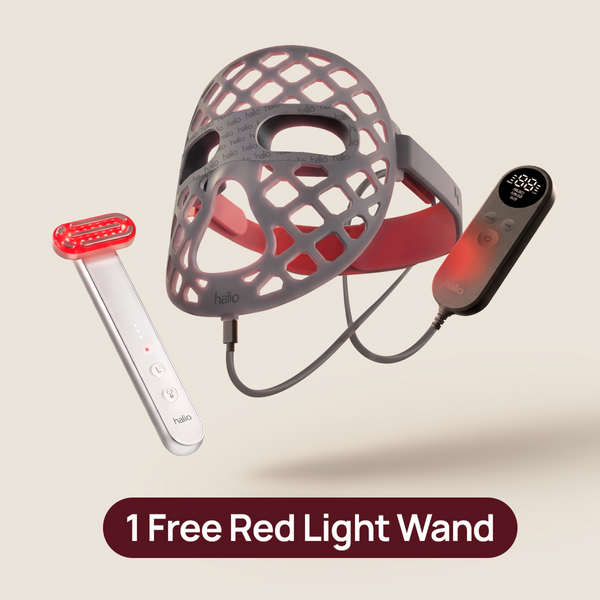 Halio Lift & Light Duo Pro LED face mask and red light therapy device with free red light wand text.