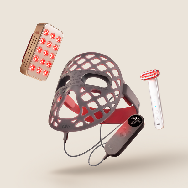Halio Triple Trouble Set with silicone LED face mask, handheld red light device, and red light therapy panel.