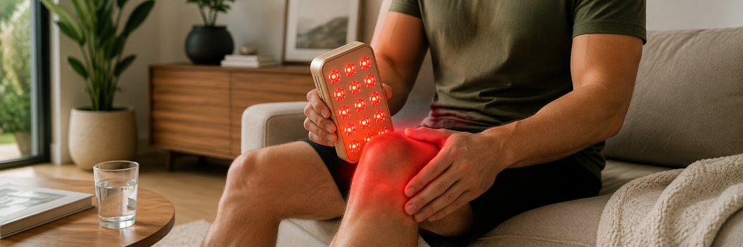 Person using a portable red light therapy panel on a stiff knee at home, illustrating targeted joint treatment