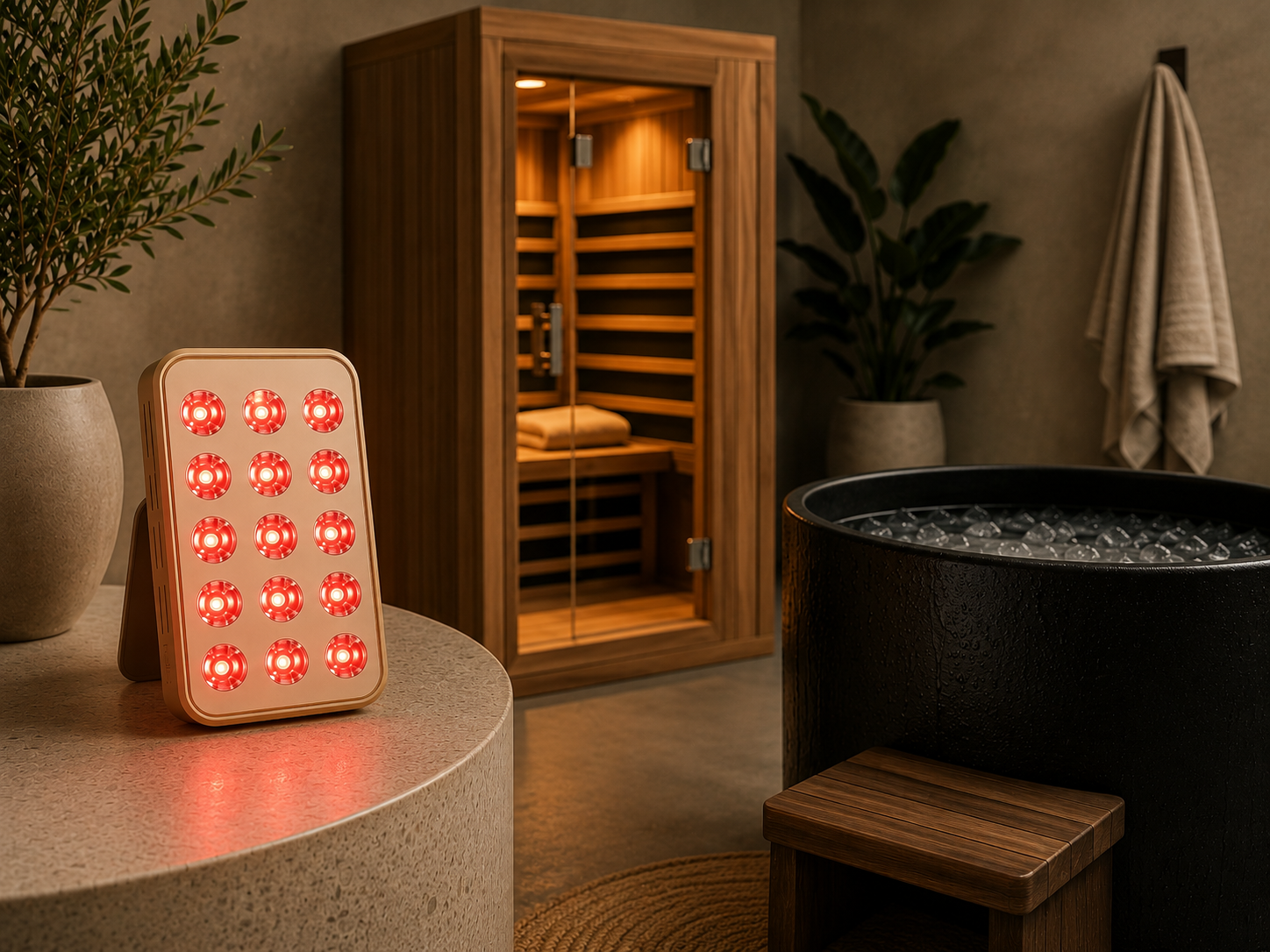 Recovery stack setup showing a portable red light therapy panel alongside a sauna and cold plunge tub in a home wellness space