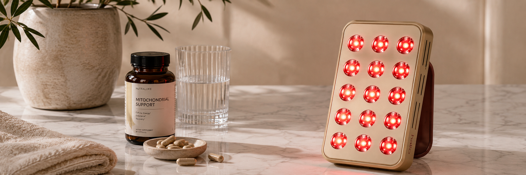 A portable red light therapy panel beside supplement capsules on a clean surface, representing a mitochondrial support routine