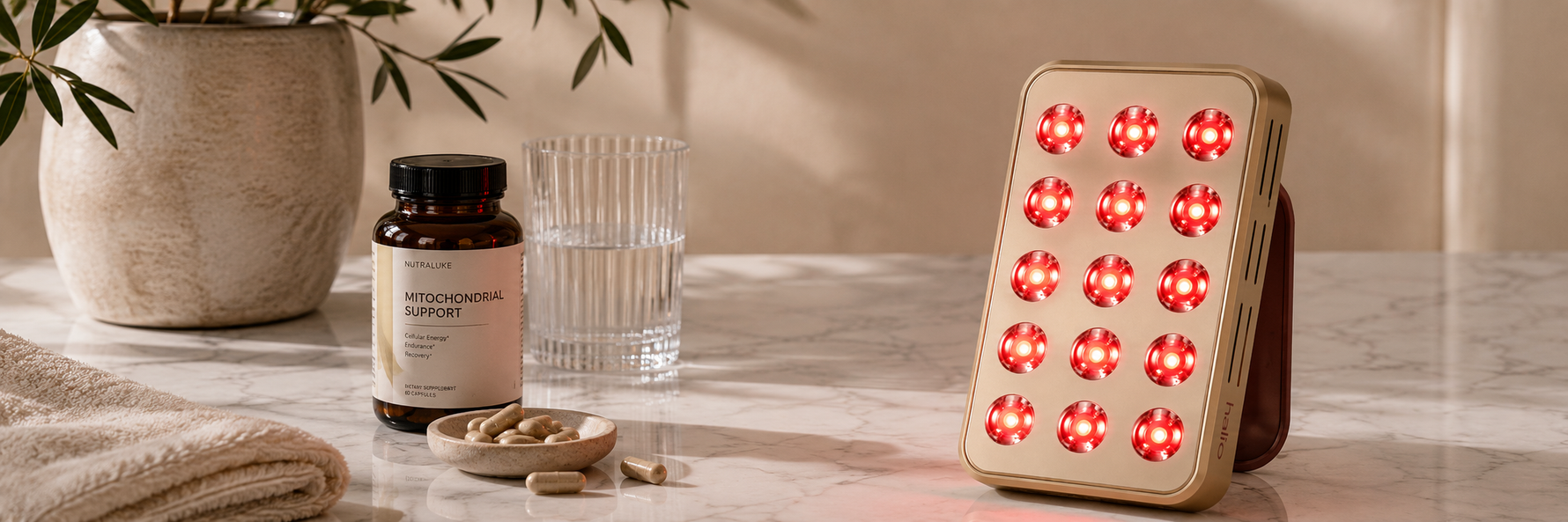 A portable red light therapy panel beside supplement capsules on a clean surface, representing a mitochondrial support routine