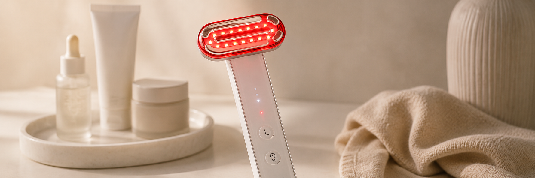 Close-up of a red light therapy wand glowing against neutral background, with skincare products in soft focus