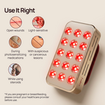 Halio red light therapy panel with glowing LEDs and “Use It Right” warnings for wounds, photosensitivity, lesions, and steroids.
