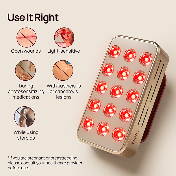 Halio red light therapy panel with glowing LEDs and “Use It Right” warnings for wounds, photosensitivity, lesions, and steroids.