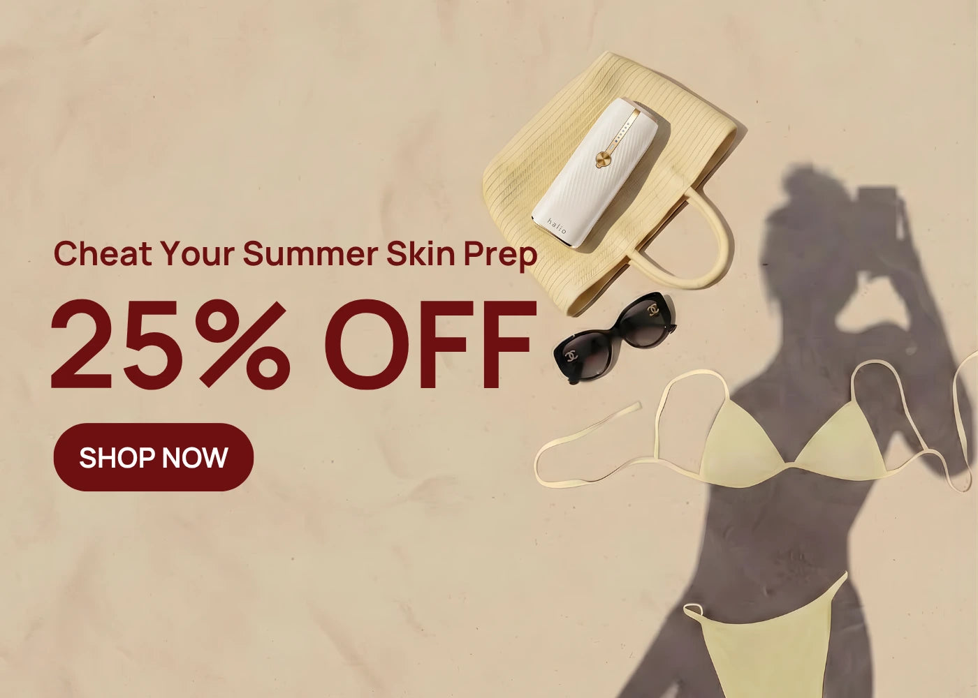 Promotional banner for summer skin care with beach accessories and '25% OFF' offer.