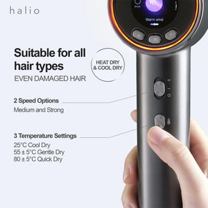 Halio Hypersonic Hair Dryer - Suitable for all hair types (even damaged hair) - Features: Heat Dry & Cool Dry, 2 Speed Options (Medium and Strong), 3 temperature Settings (25°C Cool Dry, 55±5°C Gentle Dry, 80±5°C Quick Dry)