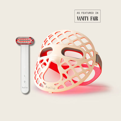 Halio Lift & Light Duo red LED face mask and sculpting wand, with “AS FEATURED IN VANITY FAIR” badge.