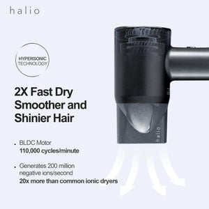 Halio Hypersonic Hair Dryer - 2X Fast Dry, Smoother and Shinier Hair - Highlights: BLDC Motor (110,000 cycles/minute), Generates 200 million negative ions/second (20x more than common ionic dryers)