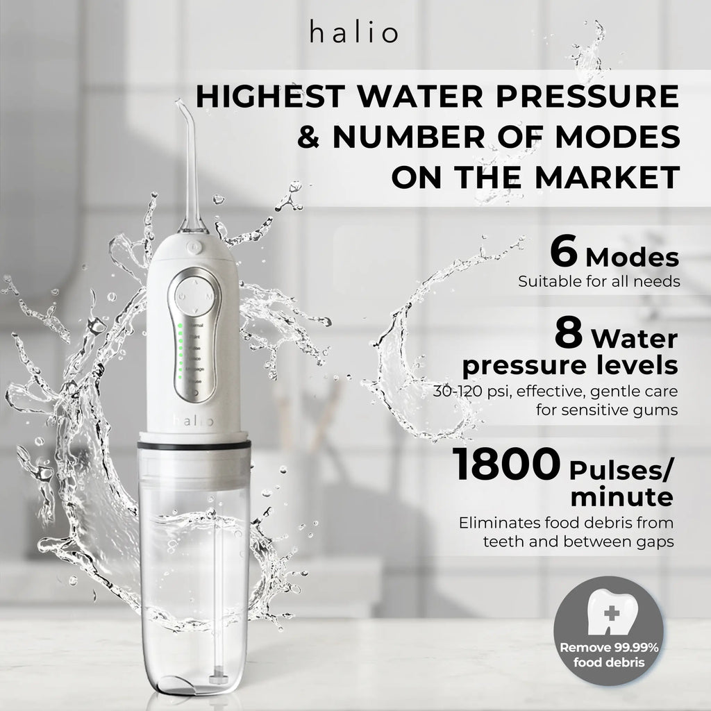 Halio Professional Cordless Oral Irrigator - Highest Water Pressure & Number of Modes on the Market - 6 modes, 8 water pressure levels, 1800 pulses/minute