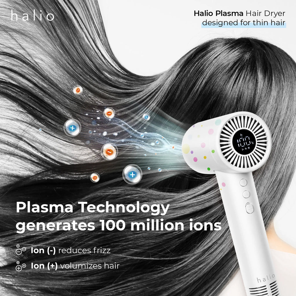 Halio Plasma Hair Dryer - designed for thin air - Plasma Technology generates 100 million ions - Negative Ion reduces frizz, Positive Ion volumizes hair