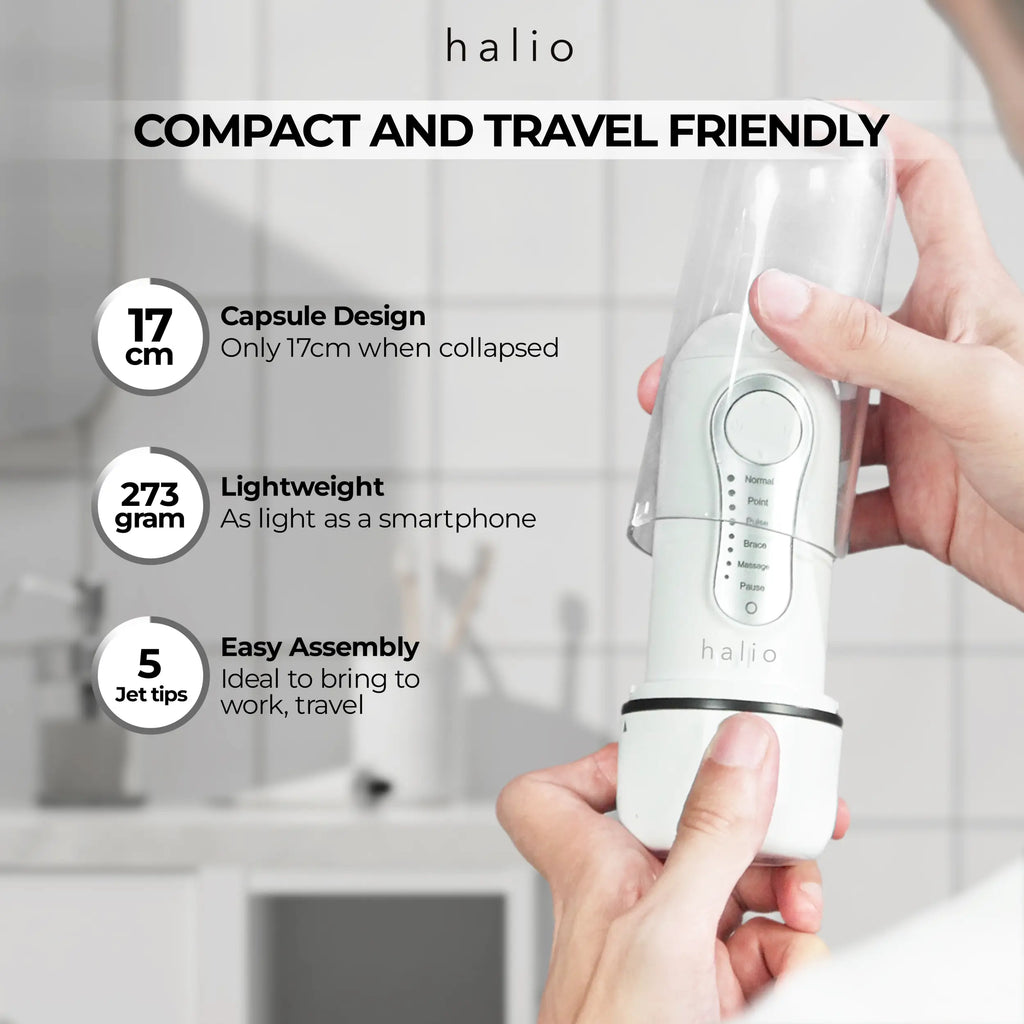 Halio Professional Cordless Oral Irrigator - Compact and Travel Friendly - 17cm Capsule Design, Lightweight (273 gram) (as light as a smartphone), 5 jet tips for easy assembly (ideal to bring to work, travel)