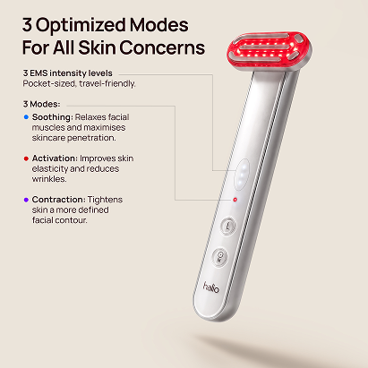 Halio red light therapy device with 3 optimized modes for all skin concerns and 3 EMS intensity levels.