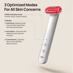 Halio red light therapy wand with LED head; text reads “3 Optimized Modes For All Skin Concerns” and “3 EMS intensity levels.”