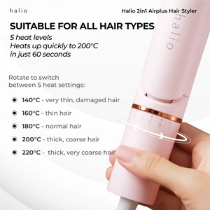 Halio 2in1 Airplus Hair Styler - Suitable for All Hair Types (5 heat levels. Heats up quickly at 200°C in just 60 seconds) - Rotate to switch between 5 heat settings (140°C - very thin, damaged hair, 160°C - thin hair, 180°C - normal hair, 200°C - thick - coarse hair, 220°C - thick - very coarse hair)