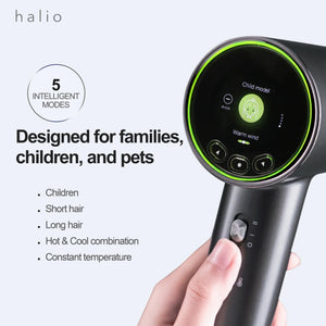 Halio Hypersonic Hair Dryer - 5 intelligent modes - Designed for families, children, and pets - Suitable for: Children, Short Hair, Long Hair, Hot & Cool combination, Constant temperature