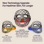 Halio LED masks with Glow, Age Defy, and Acne Clear lights; “New Technology Upgrade: For Healthier Skin, For Longer”