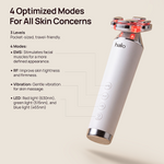 Halio RevitaWave skincare wand with four modes: EMS, RF, vibration, and LED; text lists three LED wavelengths.