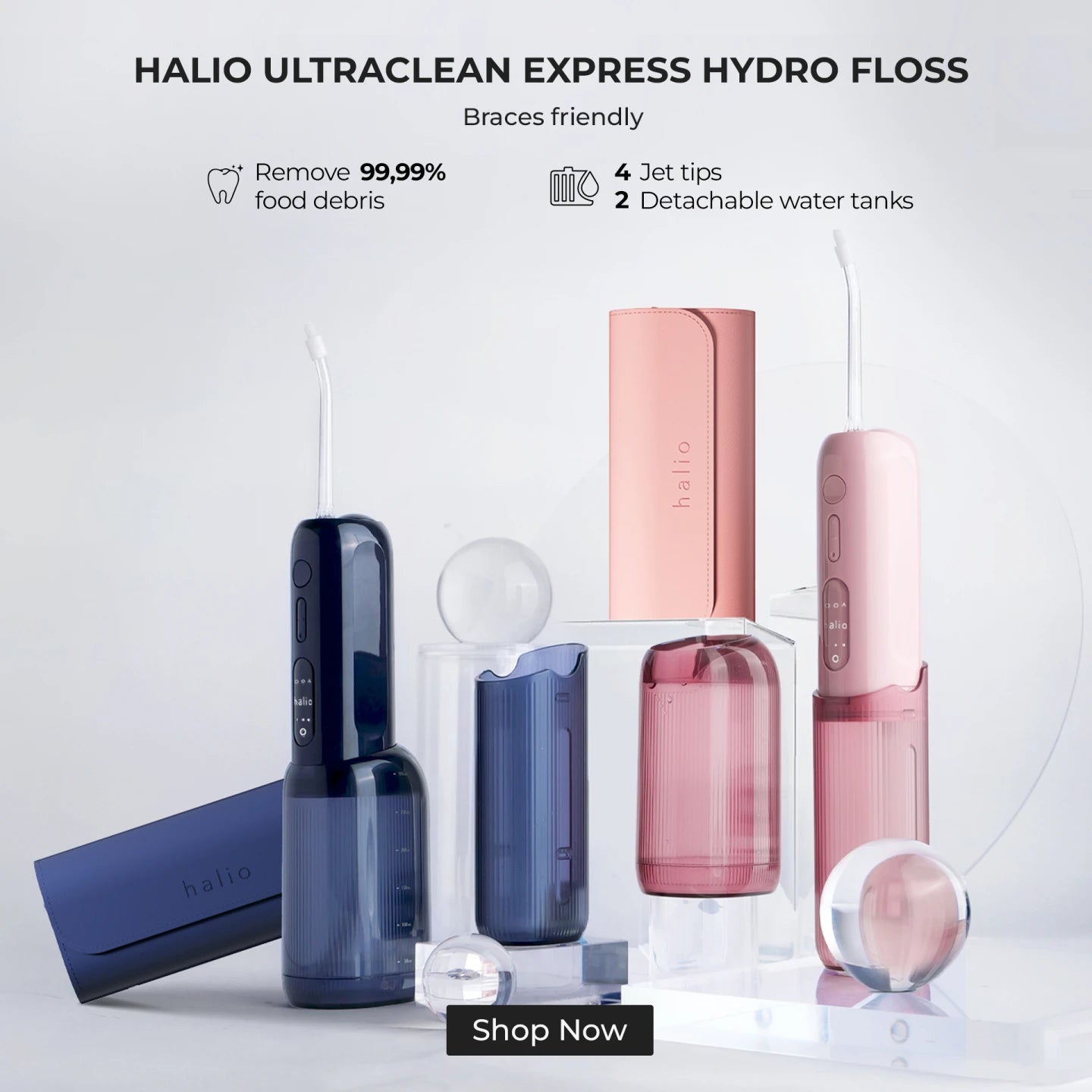 Halio UltraClean Express Hydro Floss - Product Highlights: Removes 99.99% food debris, 4 jet tips, 2 detachable water tanks