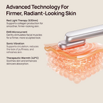 Halio skincare wand with facial serum pad; text describes red light, EMS, sonic vibration, and 42°C warmth.
