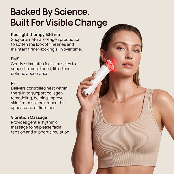 Halio RevitaWave skincare wand used on a woman's face beside “Backed By Science. Built For Visible Change.”