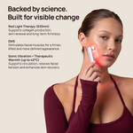 Backed by science. Built for visible change. Red Light Therapy, EMS, Sonic Vibration + Therapeutic Warmth; woman using wand.