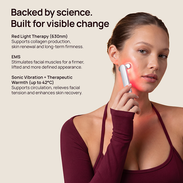 Backed by science. Built for visible change. Red Light Therapy, EMS, Sonic Vibration + Therapeutic Warmth; woman using wand.