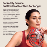 Woman wearing a Halio PureGlow LED face mask beside text: “Backed By Science Built For Healthier Skin, For Longer.”