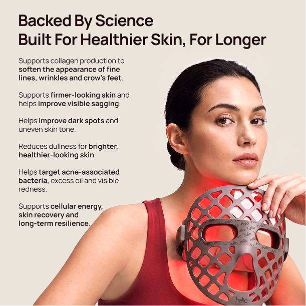 Woman wearing a Halio PureGlow LED face mask beside text: “Backed By Science Built For Healthier Skin, For Longer.”