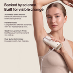 Halio Sonic skincare device on a woman’s underarm. “Backed by science. Built for visible change.”