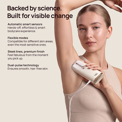 Halio Sonic skincare device on a woman’s underarm. “Backed by science. Built for visible change.”
