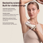 Woman using Halio IPL hair removal device underarm, with text: “Backed by science. Built for visible change.”