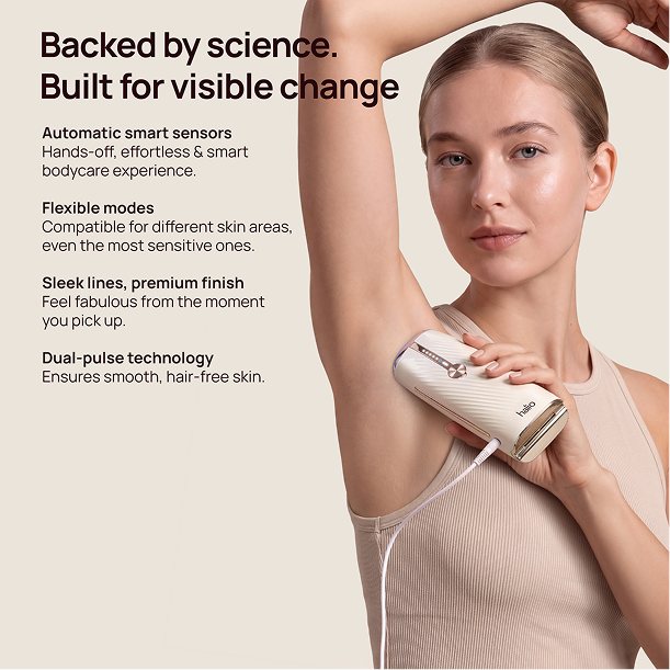 Woman using Halio IPL hair removal device underarm, with text: “Backed by science. Built for visible change.”