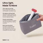Halio red light therapy wand in a gray pouch with text “Ultra-light, Made To Move” and product features.