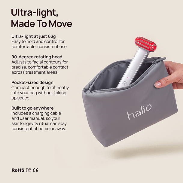 Halio red light therapy wand in a gray pouch with text “Ultra-light, Made To Move” and product features.