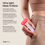 Halio Red Light Therapy Device held against beige clothing; text reads “Ultra-light Made To Move.”