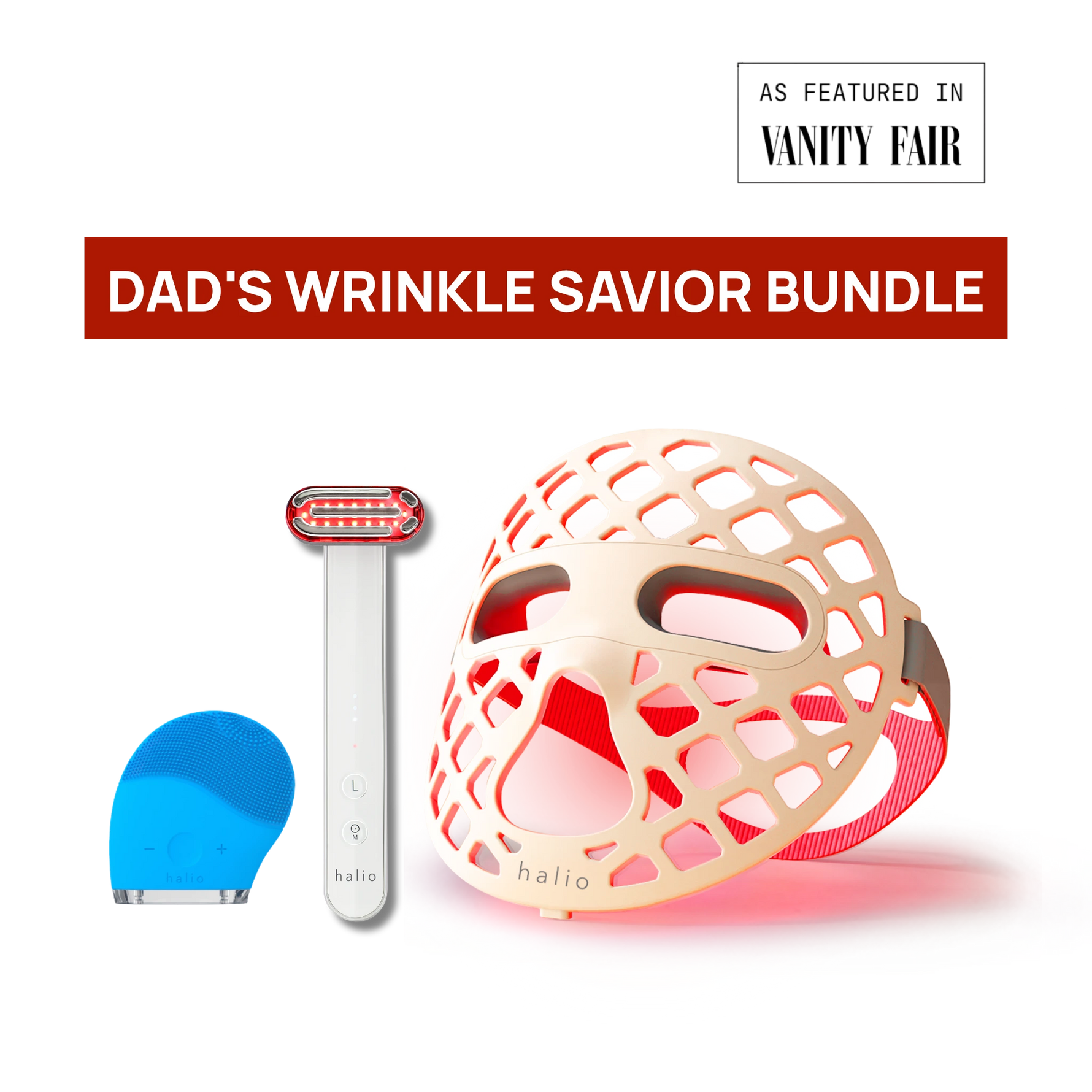 Product bundle labeled 'Dad's Wrinkle Savior Bundle' featuring a razor, blue device, and red light device on a white background.