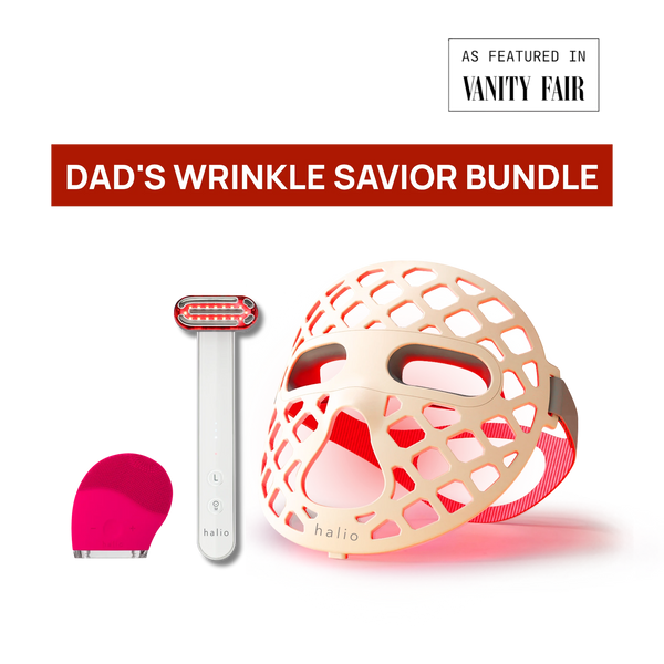 Product bundle labeled 'Dad's Wrinkle Savior Bundle' featuring a razor, mask, and pink item on a white background.