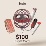 Halio beauty devices with red LED lights above text reading “$100 E-Gift Card”