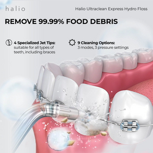 Halio UltraClean Express Hydro Floss - Removes 99.99% food debris: 4 specialized Jet Tips (suitable for all types of teeth, including braces) - 9 cleaning options (3 modes, 3 pressure settings)