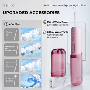 Halio UltraClean Express Hydro Floss - Upgraded Accessories: 4 Jet Tips (Classic tip, Orthodontic tip (braces care), Peridontal tip (gum care), Tongue cleaner), 130ml Water Tank (perfect for traveling), 280ml Water Tank (convenient for home use)