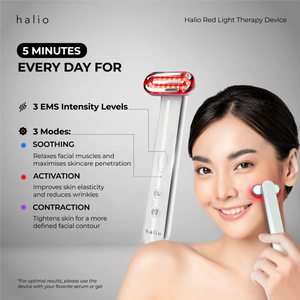 Halio Red Light Therapy Device - 5 Minutes Everyday: 3 EMS Intensity Levels, 3 Modes (SOOTHING - Relaxes facial muscles and maximises skincare penetration, ACTIVATION - Improves skin elasticity and reduces wrinkles, CONTRACTION - Tighten skin for a more defined facial contour)