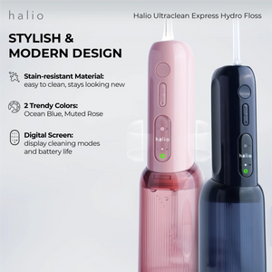 Halio UltraClean Express Hydro Floss - Stylish & Modern Design: Stain-resistant Material (easy to clean, stays looking new), 2 Trendy Colors (Ocean Blue, Muted Rose), Digital Screen (displays cleaning modes and battery life)