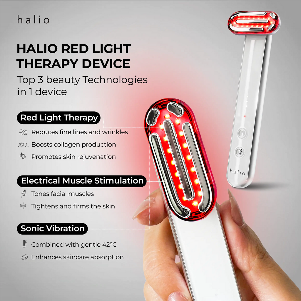 Halio Red Light Therapy Device - Top 3 Beauty Technologis in 1 Device: Red Light Therapy (Reduces fine lines and wrinkles. Boosts collagen production. Promotes skin rejuvenation.), Electrical Muscle Stimulation (Tones facial muscles. Tightens and firms the skin.), Sonic Vibration (Combines with gentle 42°C. Enhances skincare absorption.)