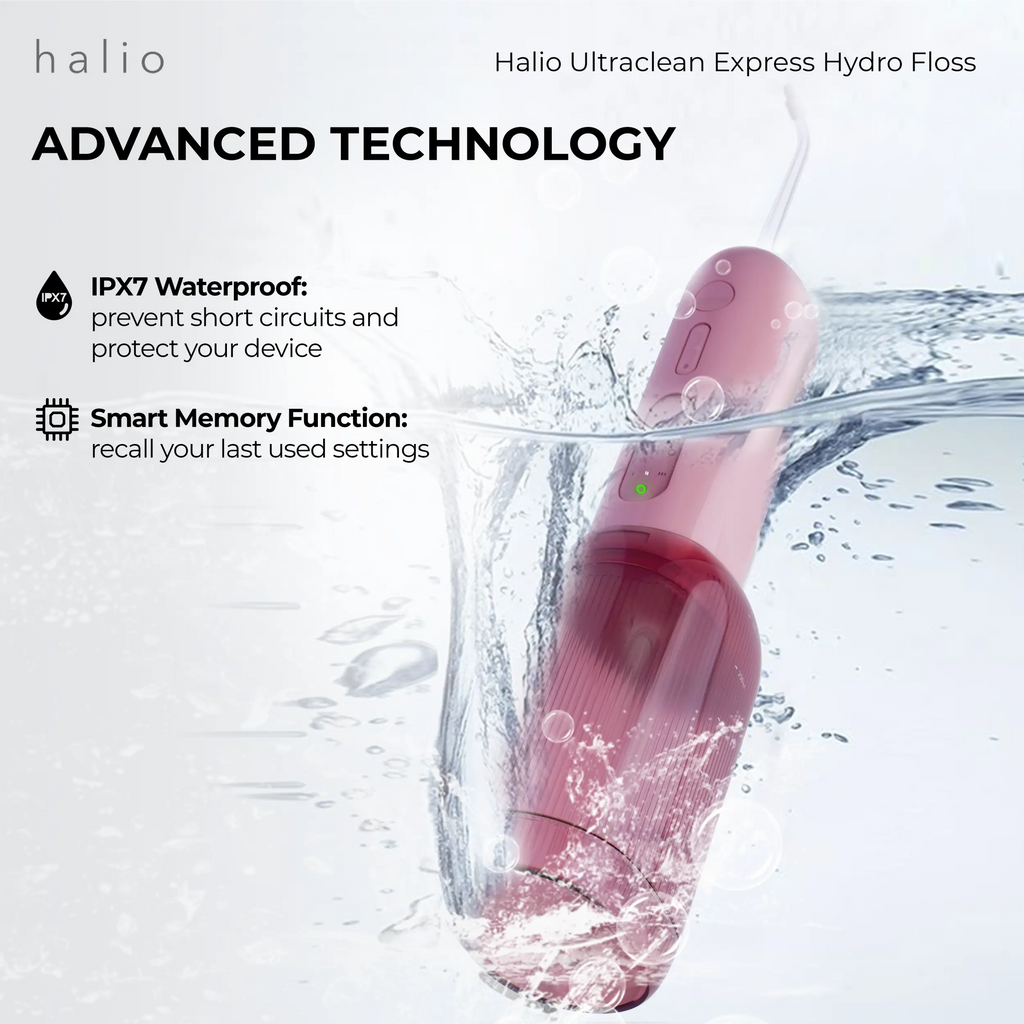 Halio UltraClean Express Hydro Floss - Advanced Technology: IPX7 Waterproof (prevents short circuits and protects your device), Smart Memory Function (recall your last used settings)