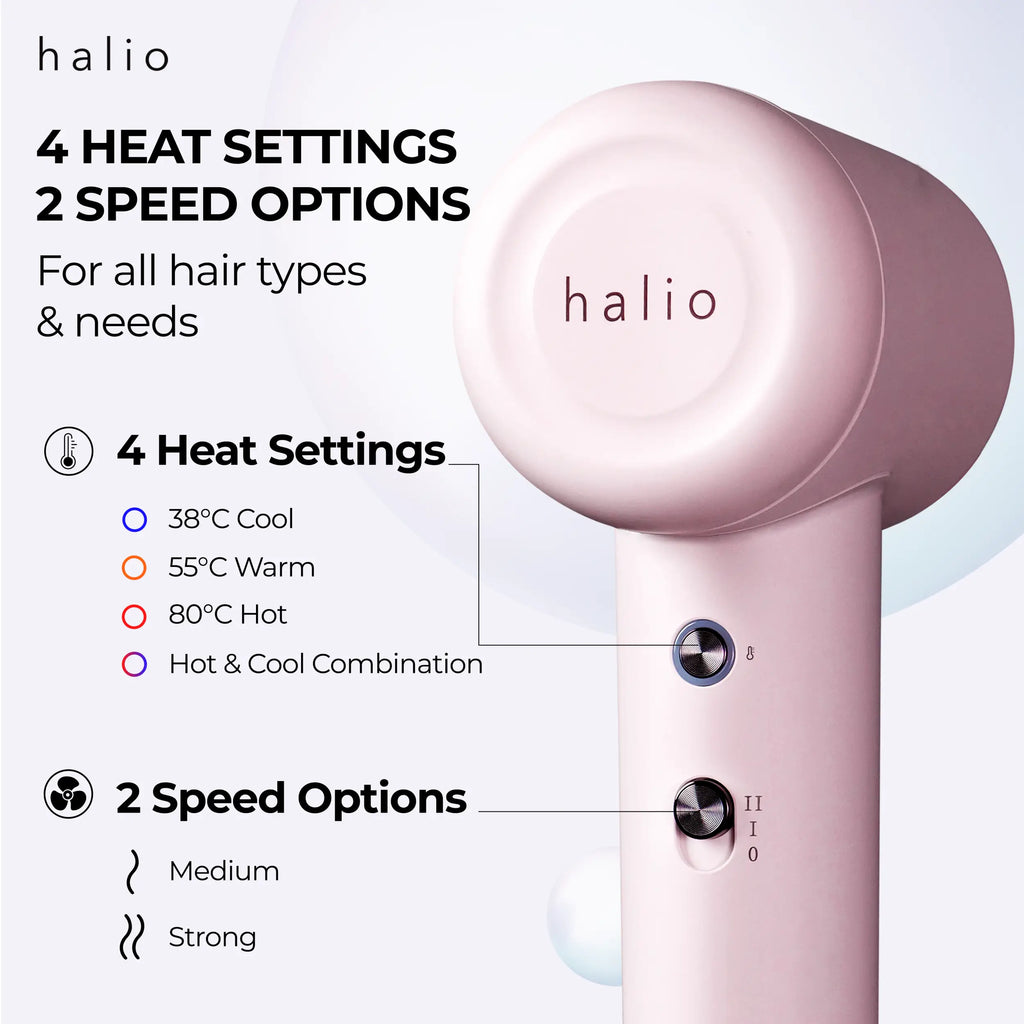 Halio High Speed Ionic Hair Dryer - 4 Heat Settings - 2 Speed Options - For all hair types & needs: 4 Heat Settings (38°C Cool, 55°C Warm, 80°C Hot, Hot & Cool Combination), 2 Speed Options (Medium, Strong)