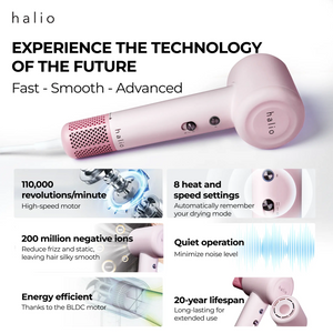 Halio High Speed Ionic Hair Dryer - Experience The Technology Of The Future (Fast - Smooth - Advanced): 110,000 revolutions/minute (High speed motor), 8 heat and speed settings (Automatically remember your drying mode), 200 million negative ions (Reduce frizz and static, leaving hair silky smooth), Quiet operation (Minimize noise level), Energy efficient (Thanks to the BLDC motor), 20-year lifespan (Long-lasting for extended use)