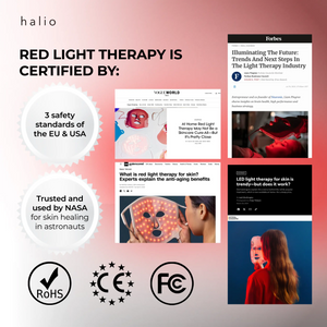 Halio Red Light Therapy Device - Red Light Therapy Is Certified By: 3 safety standards of the EU & USA, Trusted and used by NASA for skin healing in astronauts, Certified by ROHS, Conformité Européenne (CE), FCC